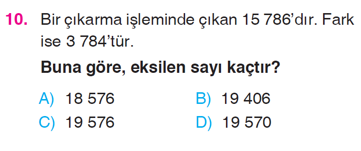 Doğal Sayılarla Toplama İşlemi ve Çıkarma İşlemi Problemleri Testi