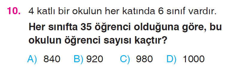 Doğal Sayılarla Çarpma İşlemi Problemleri Testi