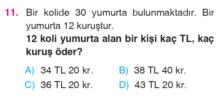 Doğal Sayılarla Çarpma İşlemi Problemleri Testi
