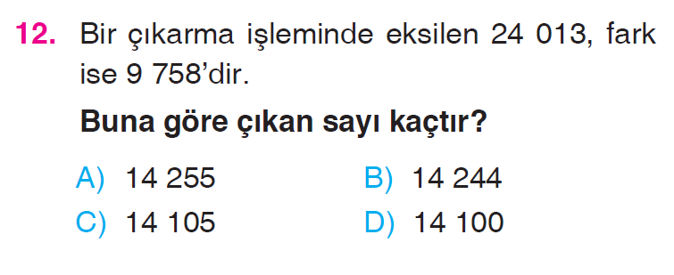 Doğal Sayılarla Toplama İşlemi ve Çıkarma İşlemi Problemleri Testi