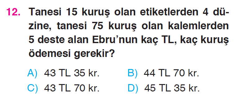 Doğal Sayılarla Çarpma İşlemi Problemleri Testi