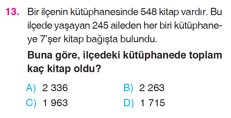Doğal Sayılarla Çarpma İşlemi Problemleri Testi