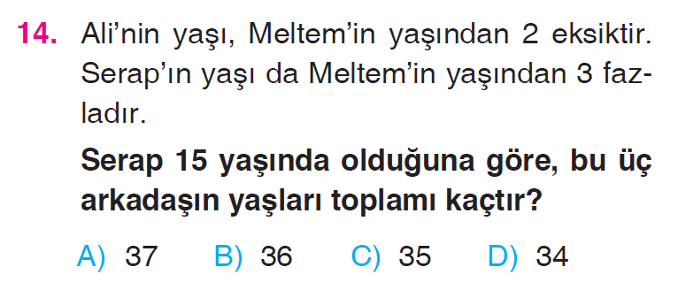 Doğal Sayılarla Toplama İşlemi ve Çıkarma İşlemi Problemleri Testi