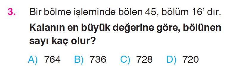 Doğal Sayılarla Bölme İşlemi Problemleri Testi