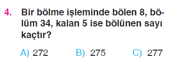 Doğal Sayılarla Bölme İşlemi Problemleri Testi