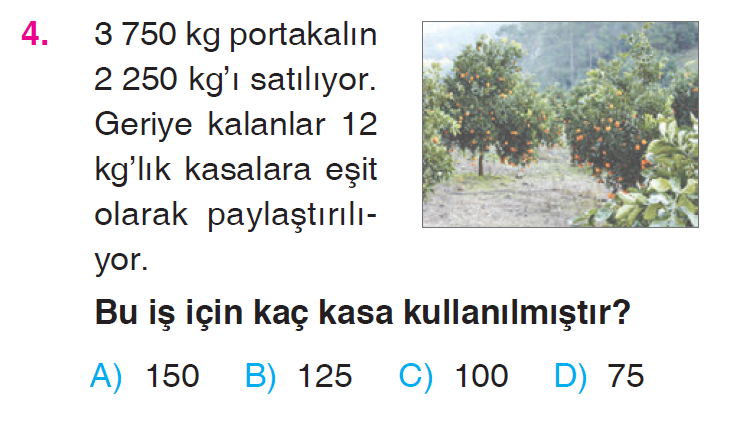 Doğal Sayılarla Bölme İşlemi Problemleri Testi
