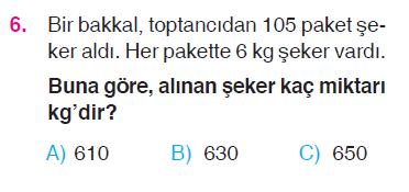 Doğal Sayılarla Çarpma İşlemi Problemleri Testi