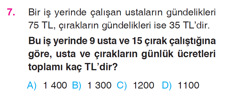 Doğal Sayılarla Çarpma İşlemi Problemleri Testi
