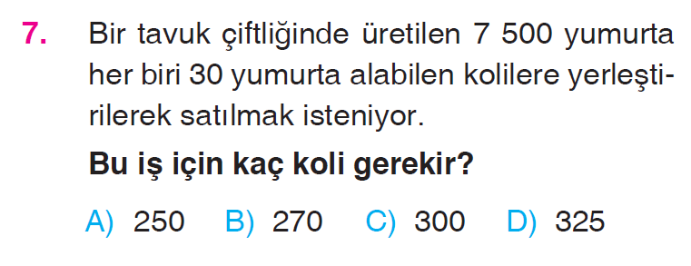 Doğal Sayılarla Bölme İşlemi Problemleri Testi