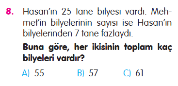 Doğal Sayılarla Toplama İşlemi Problemleri Testi