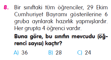 Doğal Sayılarla Çarpma İşlemi Problemleri Testi