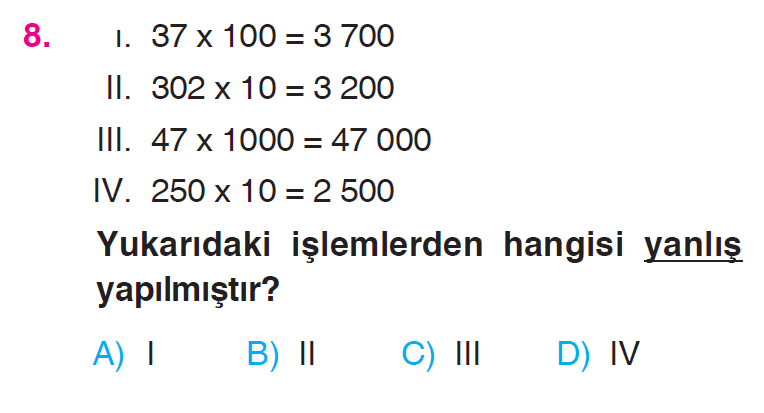 Doğal Sayılarla Çarpma İşlemi Problemleri Testi